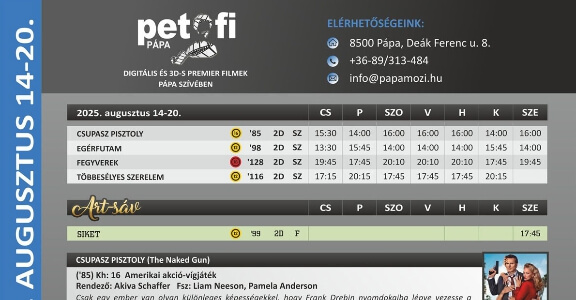 Petőfi Mozi Pápa aktuális műsora 2025. augusztus 14-től augusztus 20-ig!