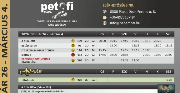 Petőfi Mozi Pápa aktuális műsora 