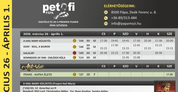 Petőfi Mozi Pápa aktuális műsora 