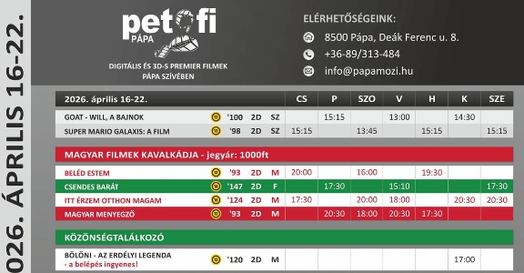 Petőfi Mozi Pápa aktuális műsora 