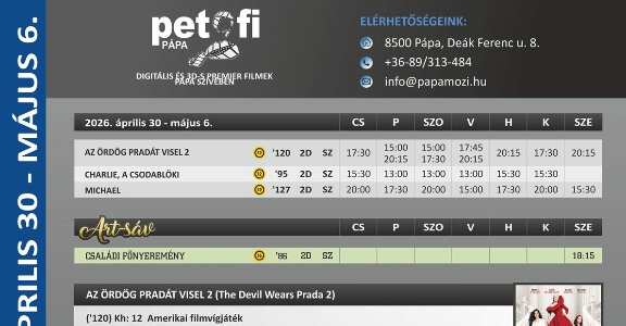 Petőfi Mozi Pápa aktuális műsora 