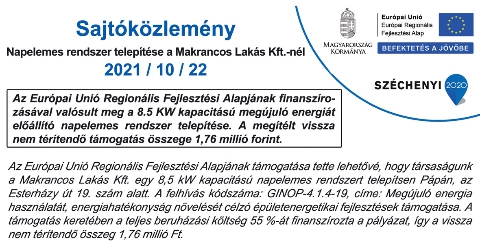 Sajtóközlemény - Napelemes rendszer telepítése a Makrancos Lakás Kft.-nél!