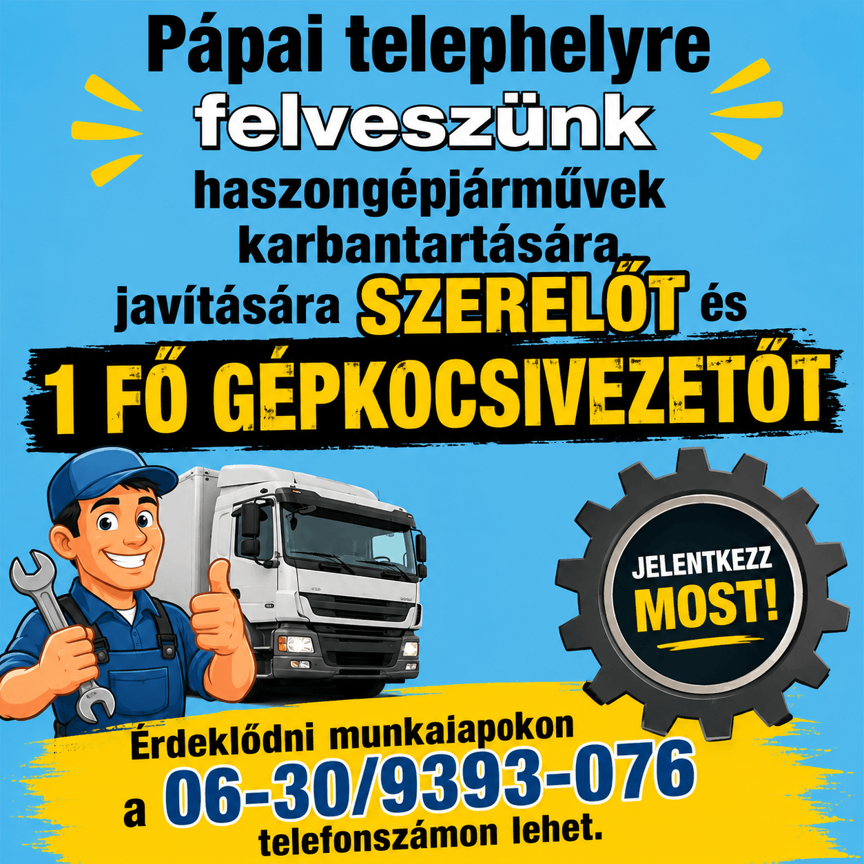 Szerelőt és gépkocsivezetőt keresünk