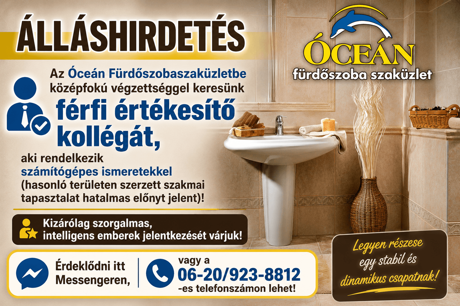 Óceán Fürdőszobaszalon értékesítőt keres